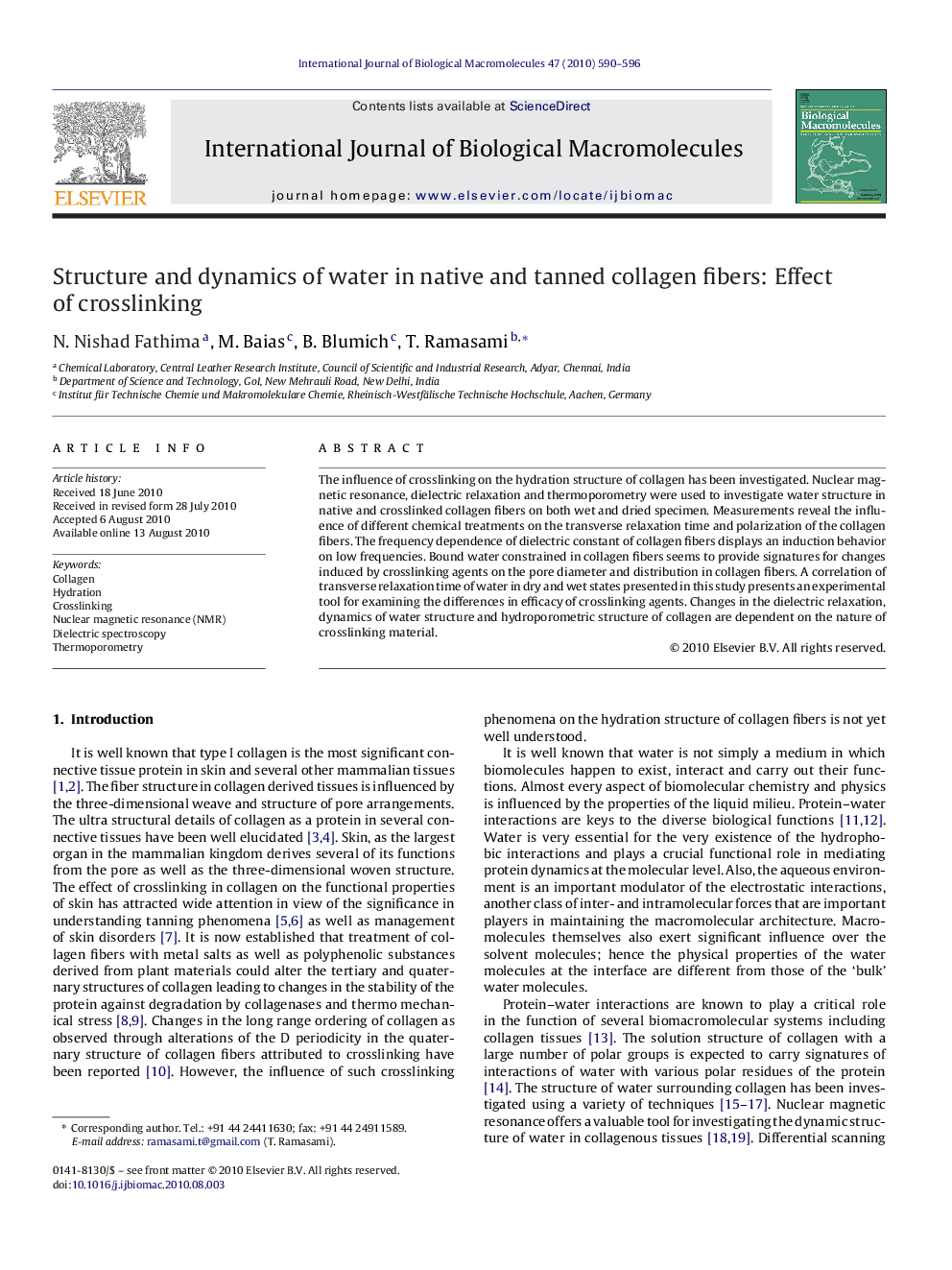 عکس صفحه اول مقاله: Structure and dynamics of water in native and tanned collagen fibers: Effect of crosslinking Structure and dynamics of water in native and tanned collagen fibers: Effect of crosslinking