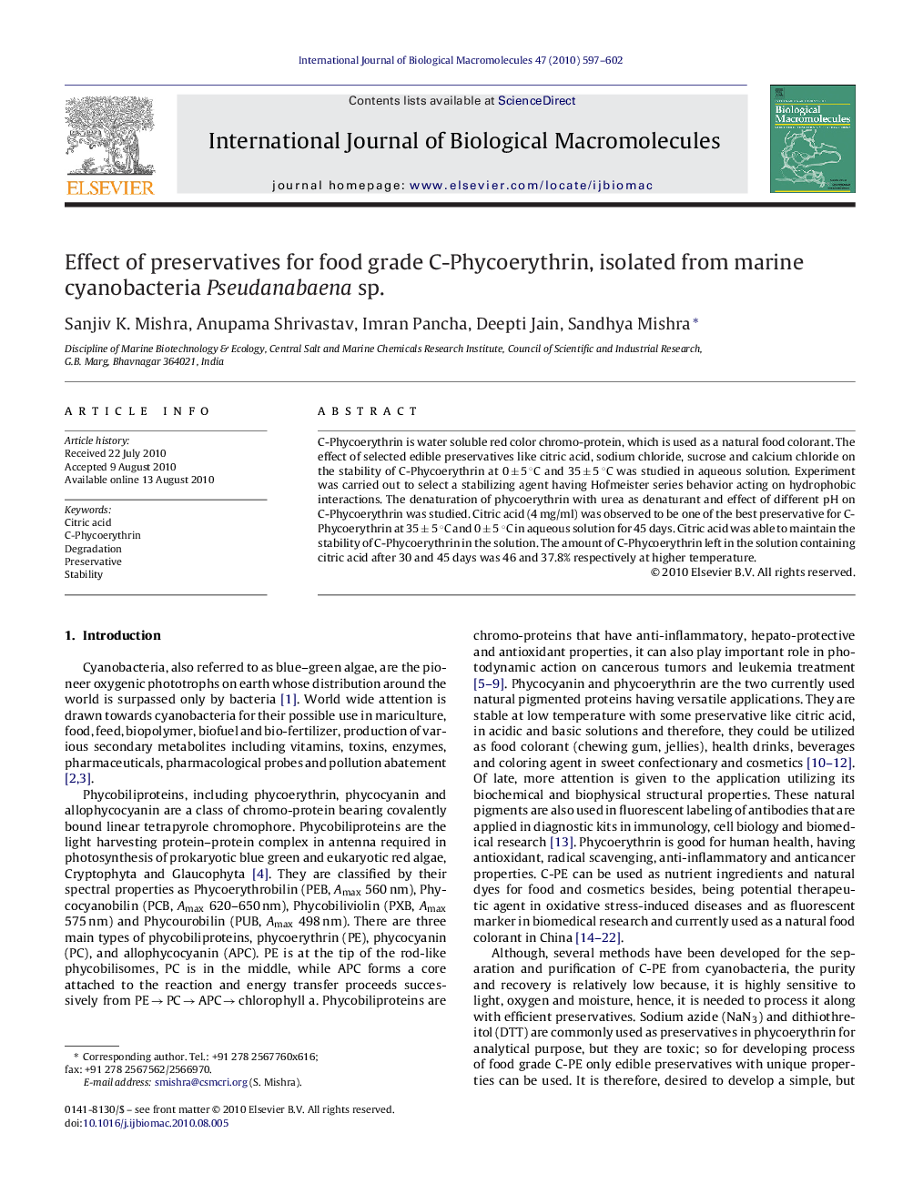 Effect of preservatives for food grade C-Phycoerythrin, isolated from marine cyanobacteria Pseudanabaena sp.