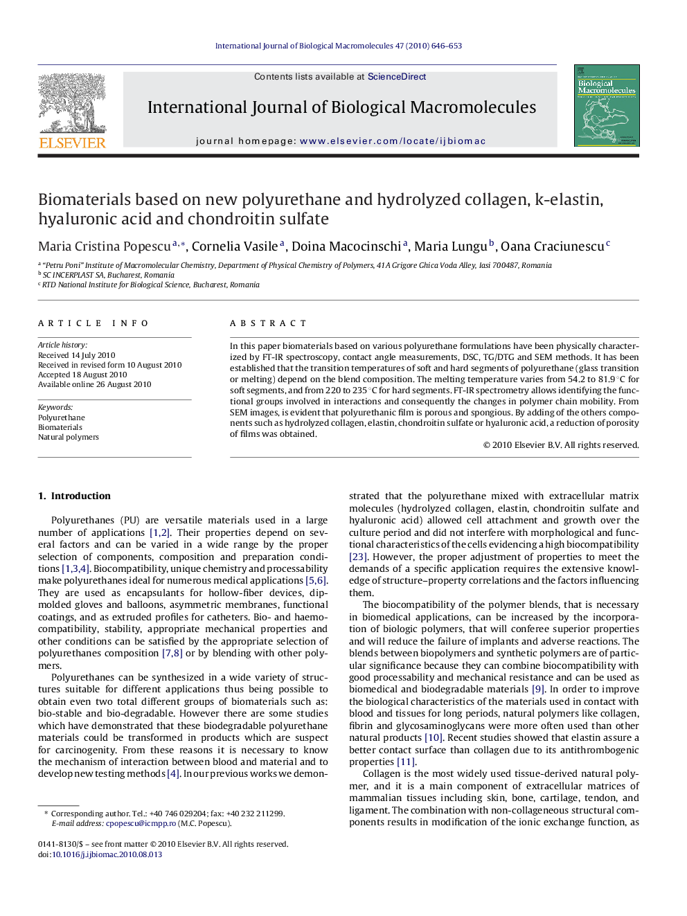 Biomaterials based on new polyurethane and hydrolyzed collagen, k-elastin, hyaluronic acid and chondroitin sulfate