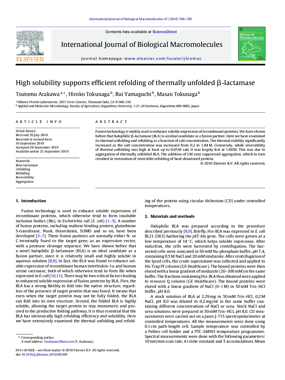 High solubility supports efficient refolding of thermally unfolded Î²-lactamase