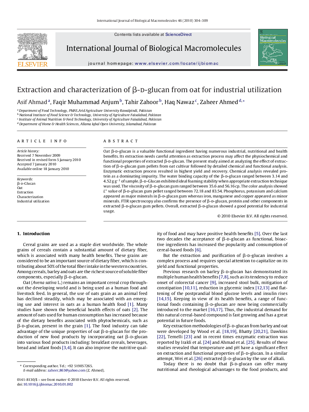 Extraction and characterization of β-d-glucan from oat for industrial utilization