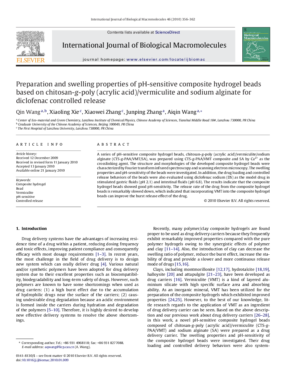 Preparation and swelling properties of pH-sensitive composite hydrogel beads based on chitosan-g-poly (acrylic acid)/vermiculite and sodium alginate for diclofenac controlled release