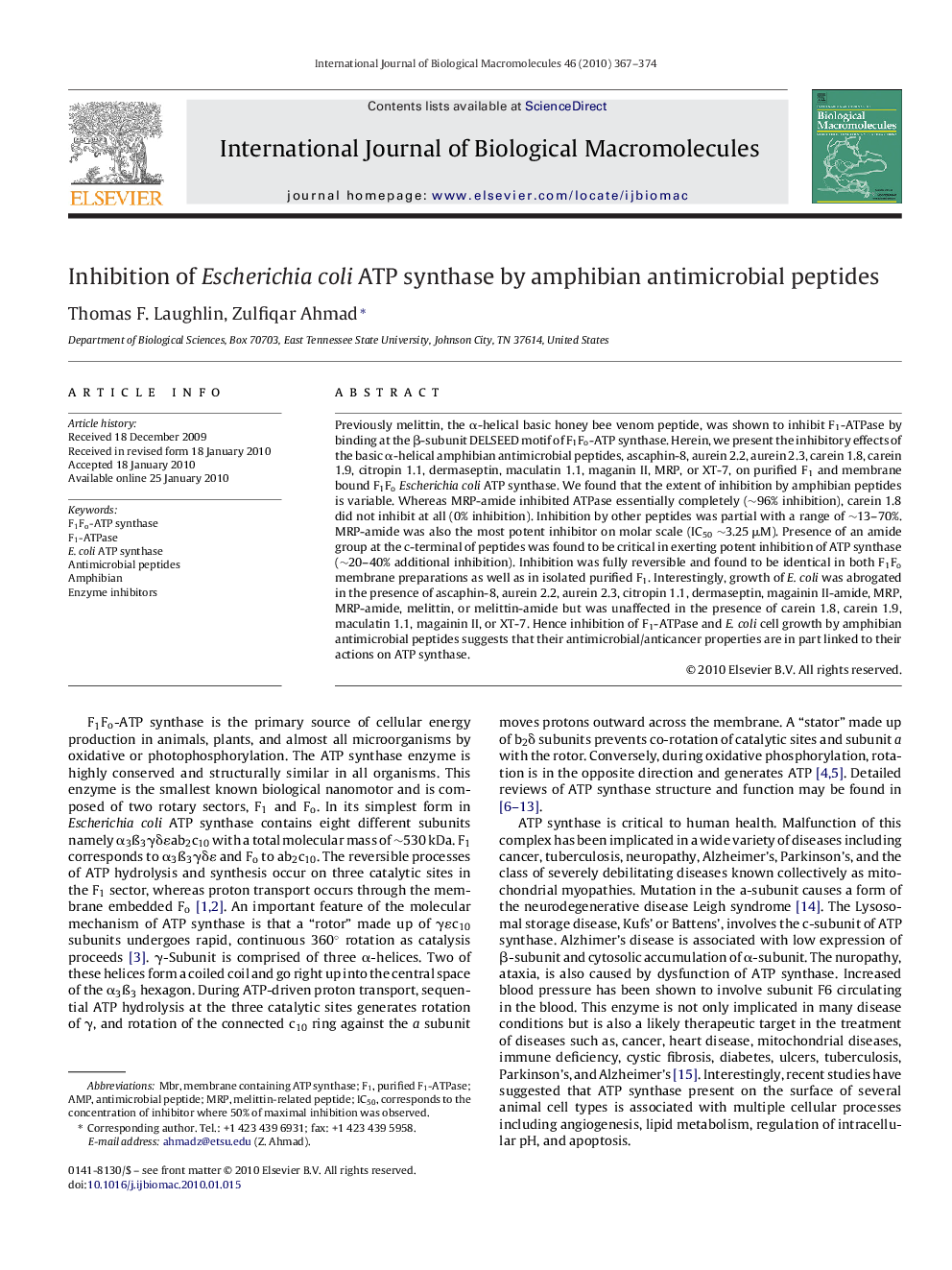 Inhibition of Escherichia coli ATP synthase by amphibian antimicrobial peptides