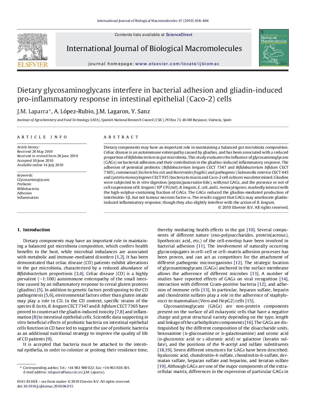 Dietary glycosaminoglycans interfere in bacterial adhesion and gliadin-induced pro-inflammatory response in intestinal epithelial (Caco-2) cells