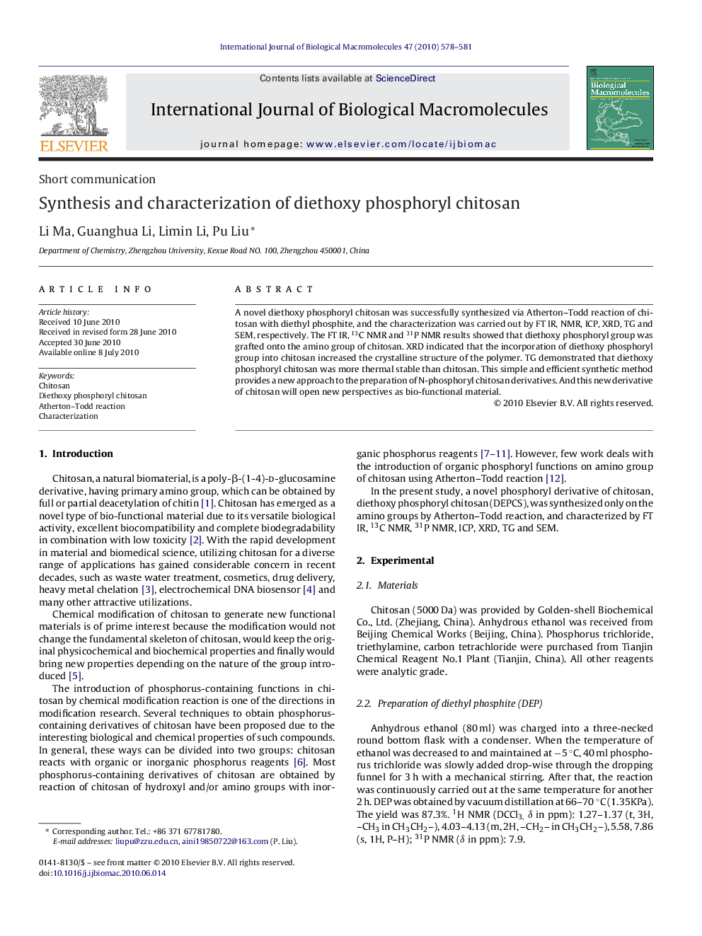 Synthesis and characterization of diethoxy phosphoryl chitosan
