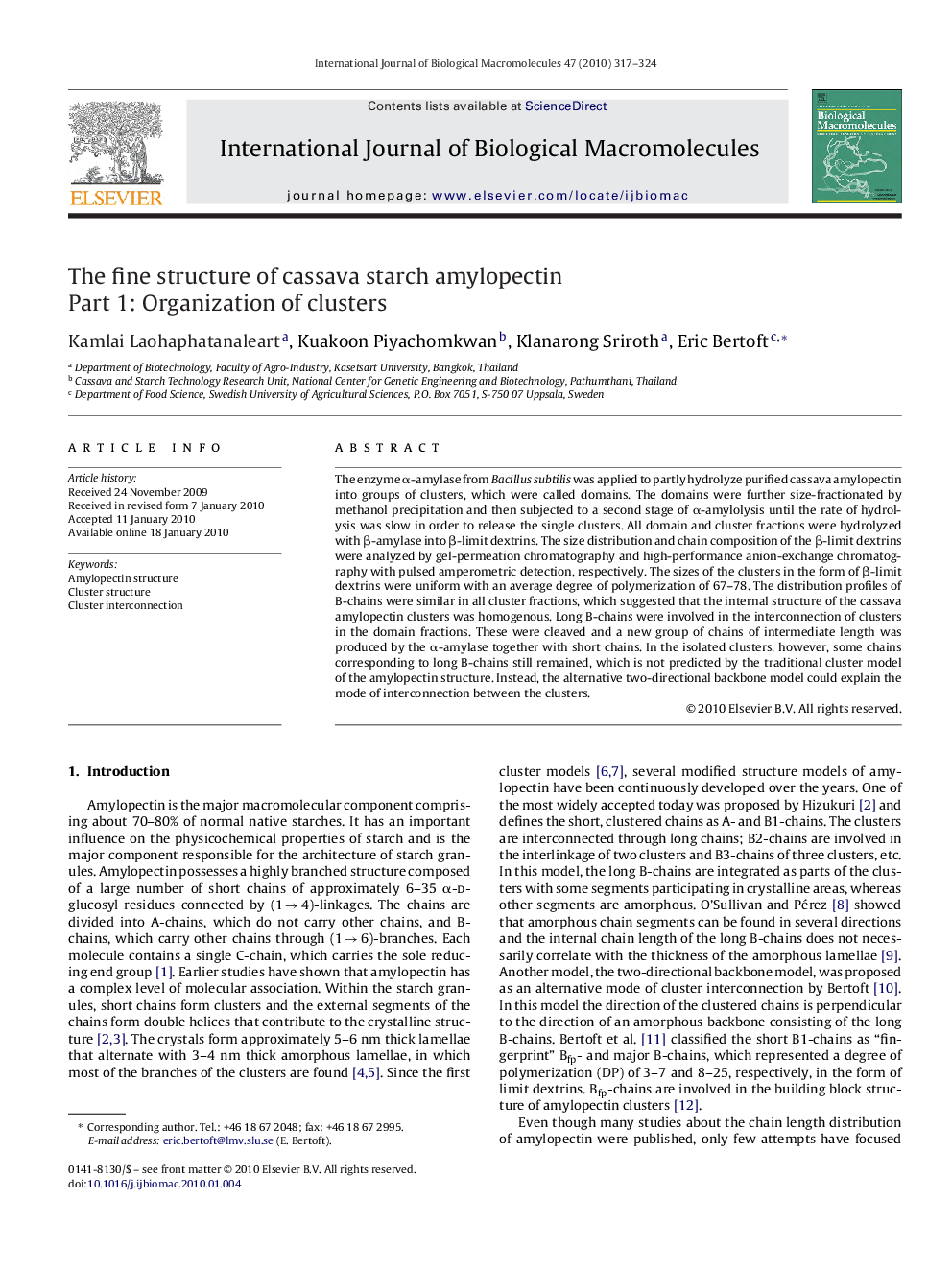 The fine structure of cassava starch amylopectin: Part 1: Organization of clusters