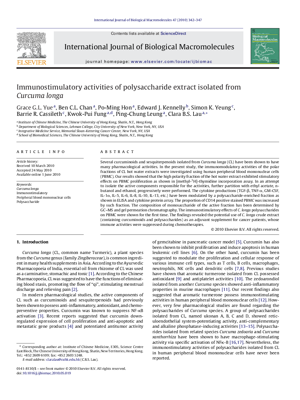 Immunostimulatory activities of polysaccharide extract isolated from Curcuma longa