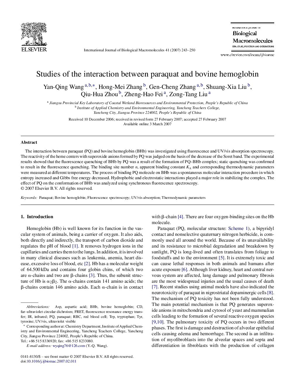 Studies of the interaction between paraquat and bovine hemoglobin