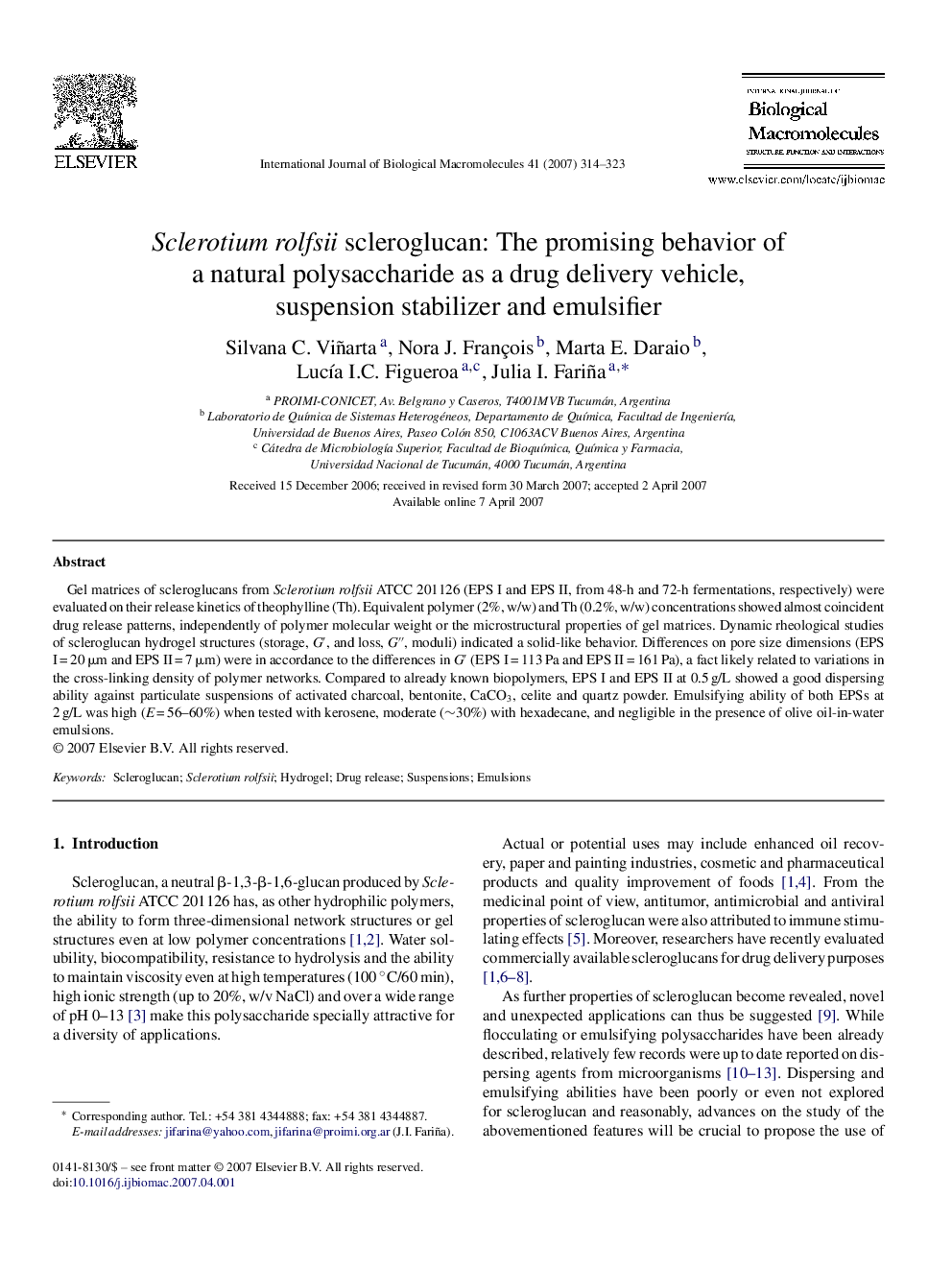 Sclerotium rolfsii scleroglucan: The promising behavior of a natural polysaccharide as a drug delivery vehicle, suspension stabilizer and emulsifier