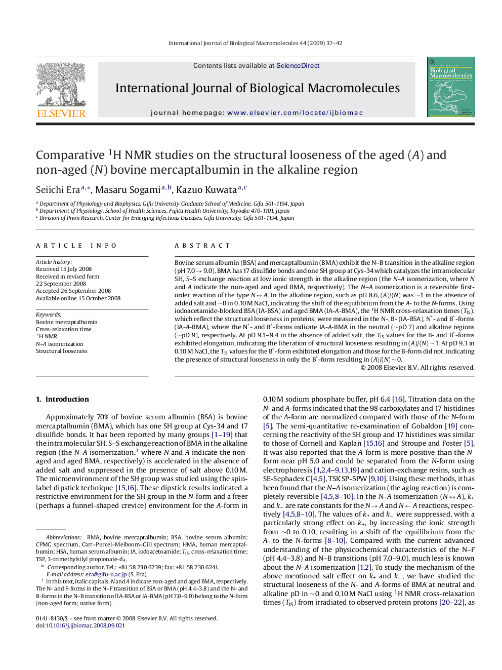 عکس صفحه اول مقاله: Comparative 1H NMR studies on the structural looseness of the aged (A) and non-aged (N) bovine mercaptalbumin in the alkaline region Comparative 1H NMR studies on the structural looseness of the aged (A) and non-aged (N) bovine mercaptalbumin in the alkaline region