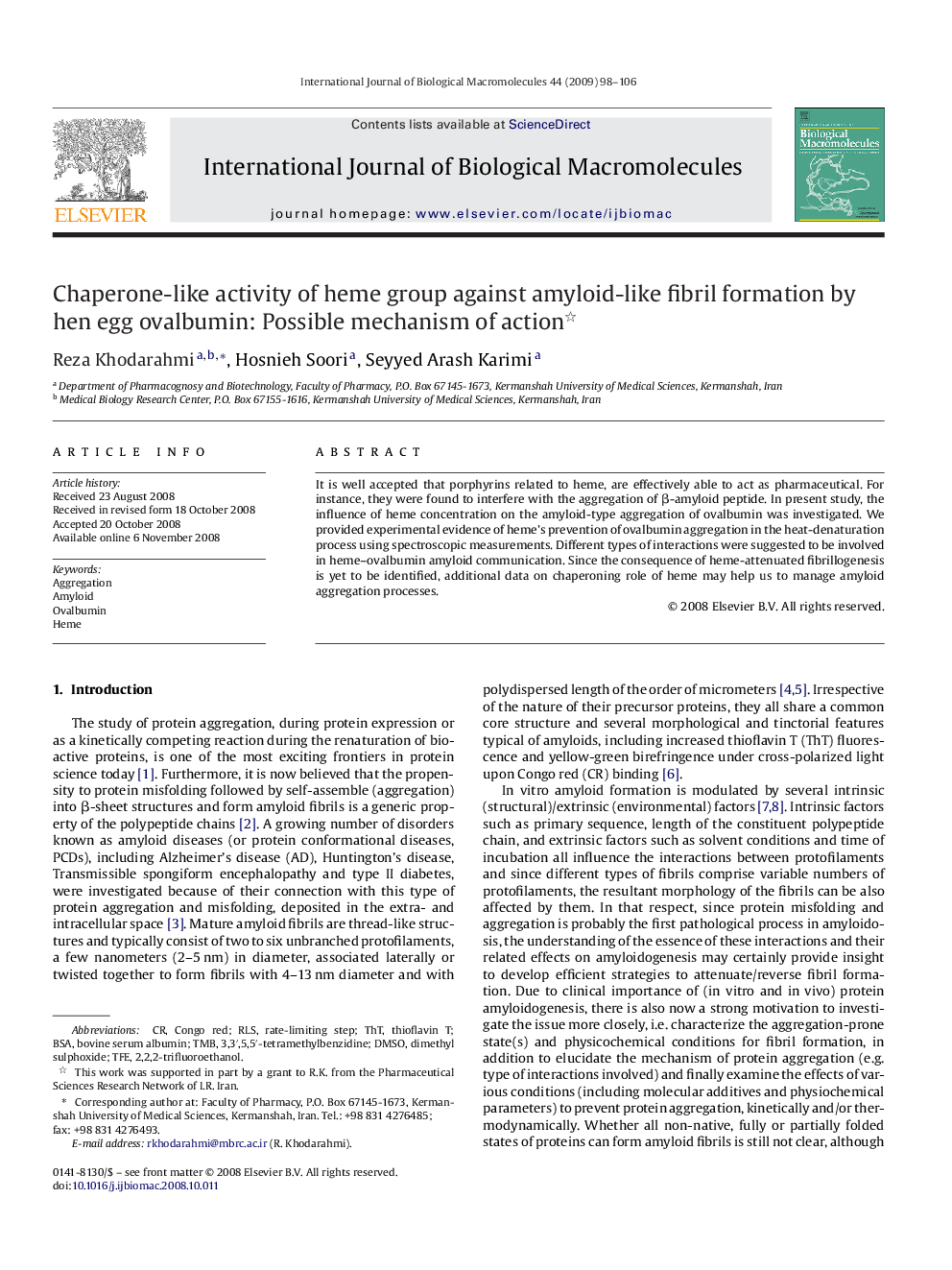 Chaperone-like activity of heme group against amyloid-like fibril formation by hen egg ovalbumin: Possible mechanism of action