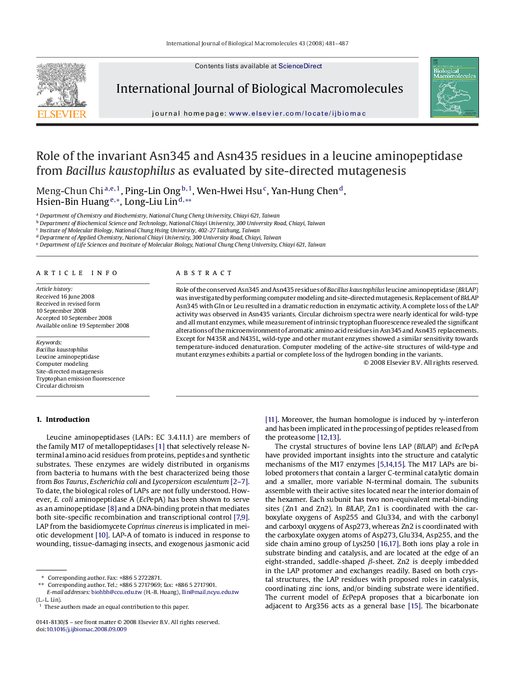 Role of the invariant Asn345 and Asn435 residues in a leucine aminopeptidase from Bacillus kaustophilus as evaluated by site-directed mutagenesis