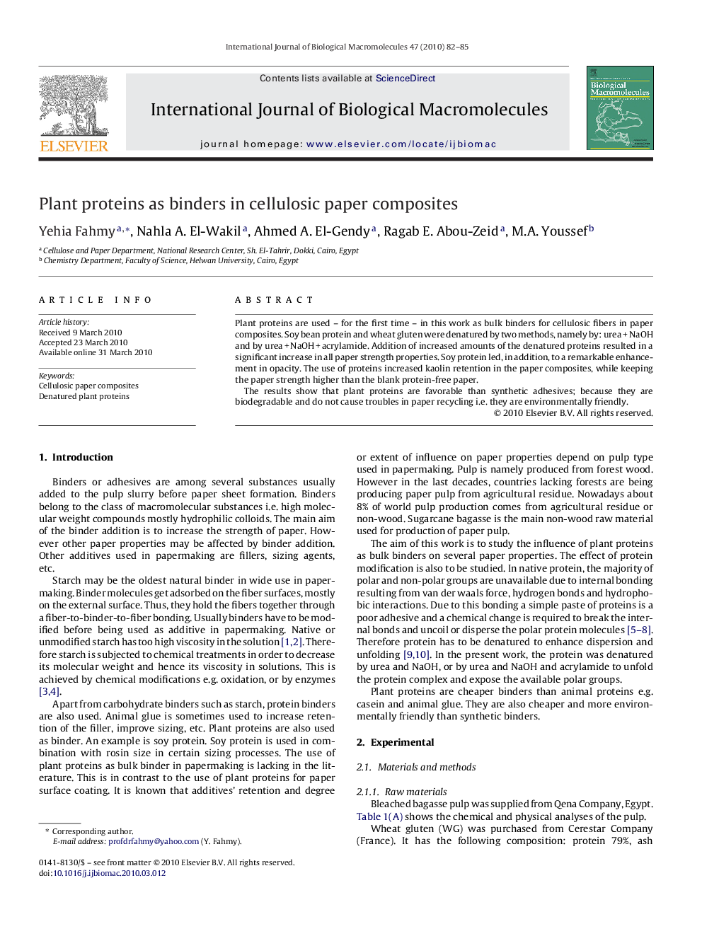 عکس صفحه اول مقاله: Plant proteins as binders in cellulosic paper composites Plant proteins as binders in cellulosic paper composites