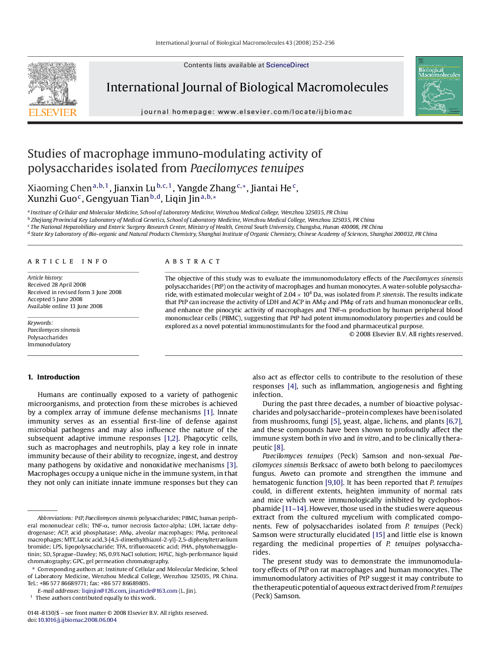 Studies of macrophage immuno-modulating activity of polysaccharides isolated from Paecilomyces tenuipes