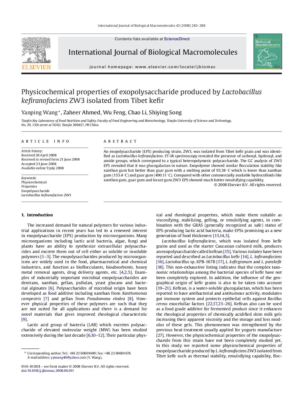 Physicochemical properties of exopolysaccharide produced by Lactobacillus kefiranofaciens ZW3 isolated from Tibet kefir