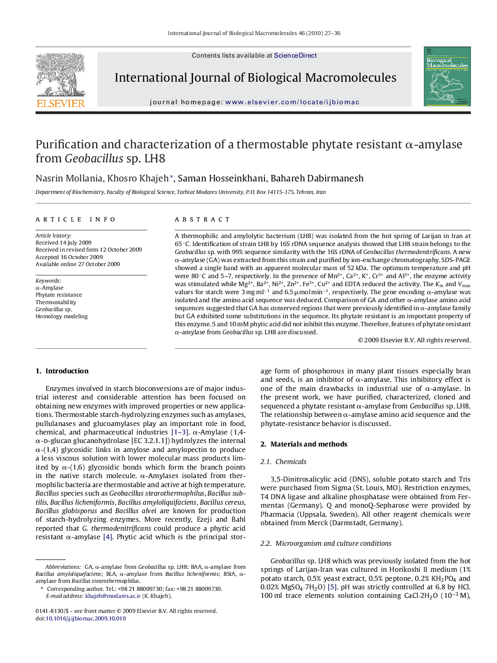 Purification and characterization of a thermostable phytate resistant Î±-amylase from Geobacillus sp. LH8