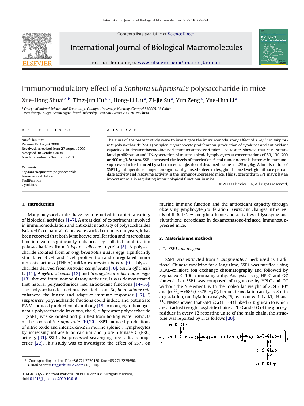 Immunomodulatory effect of a Sophora subprosrate polysaccharide in mice