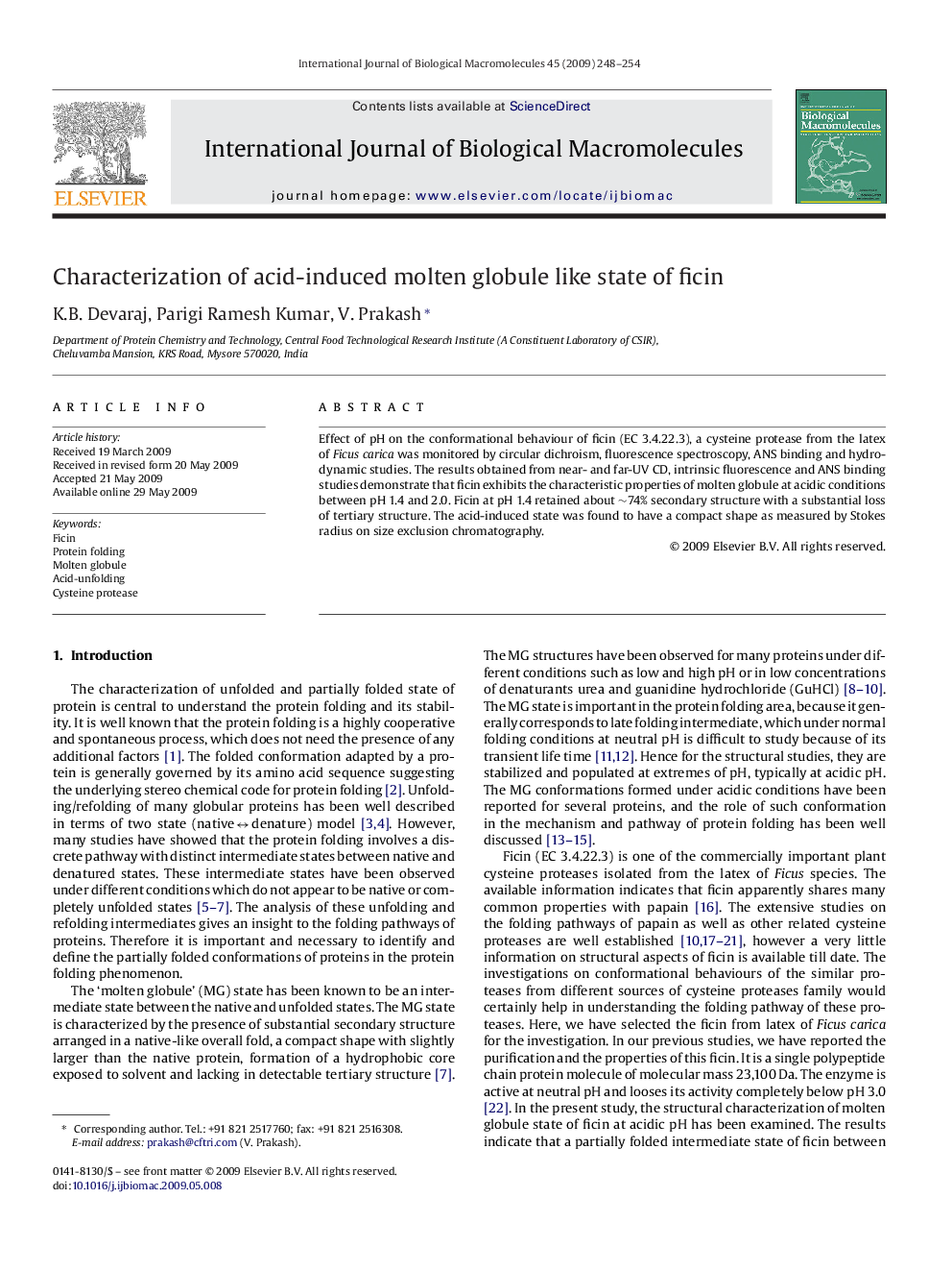 Characterization of acid-induced molten globule like state of ficin