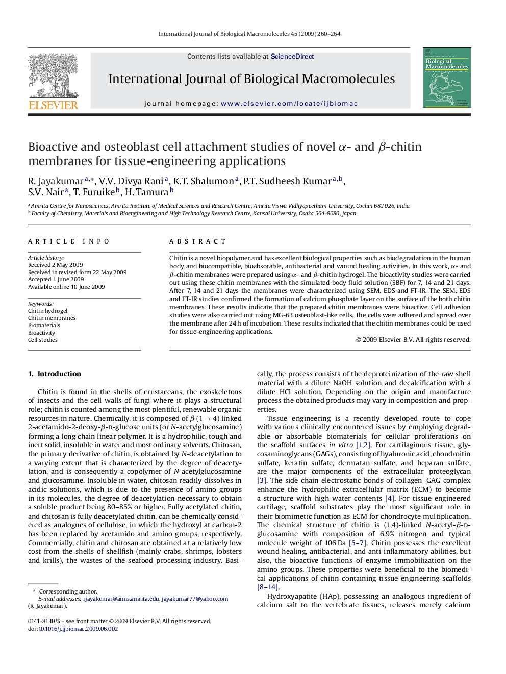 Bioactive and osteoblast cell attachment studies of novel α- and β-chitin membranes for tissue-engineering applications