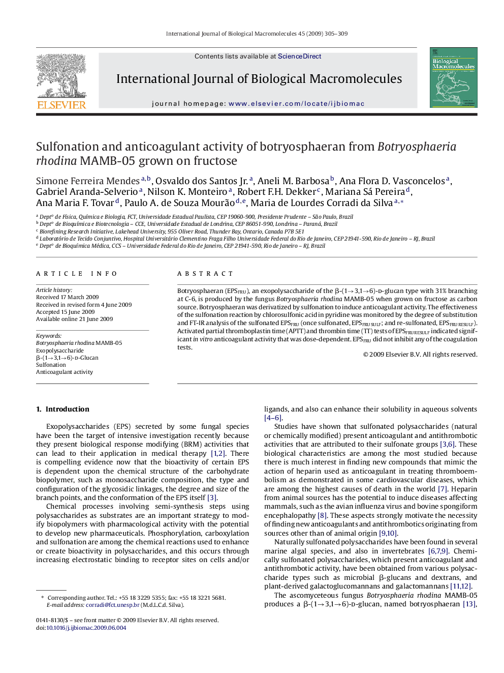 Sulfonation and anticoagulant activity of botryosphaeran from Botryosphaeria rhodina MAMB-05 grown on fructose