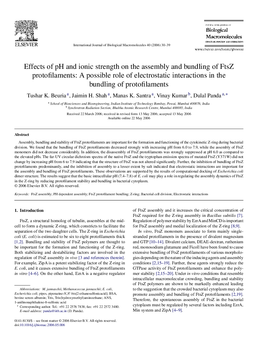 Effects of pH and ionic strength on the assembly and bundling of FtsZ protofilaments: A possible role of electrostatic interactions in the bundling of protofilaments