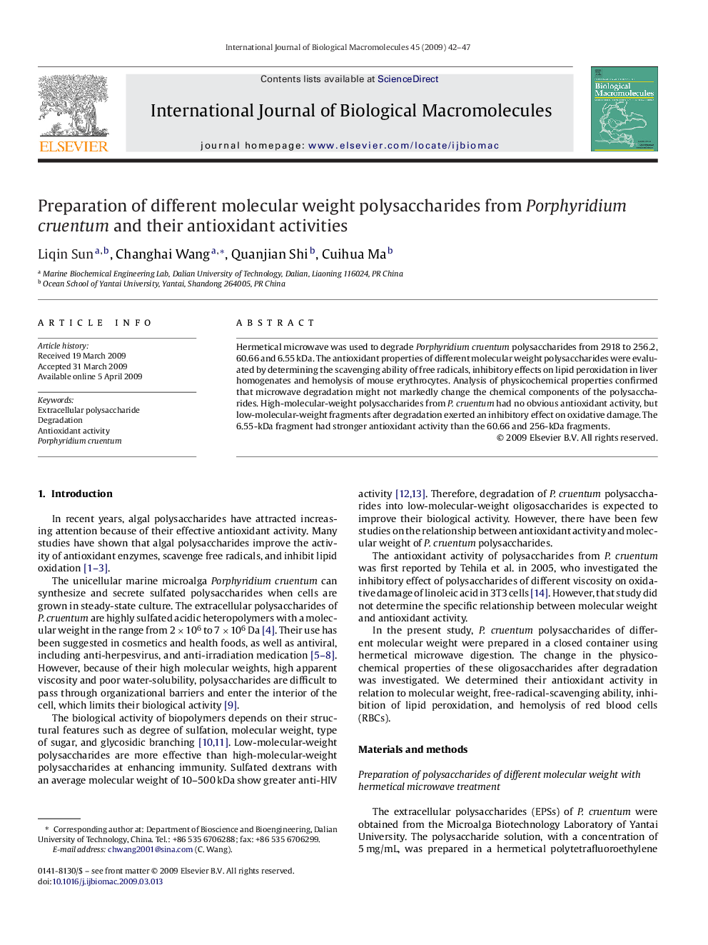 Preparation of different molecular weight polysaccharides from Porphyridium cruentum and their antioxidant activities