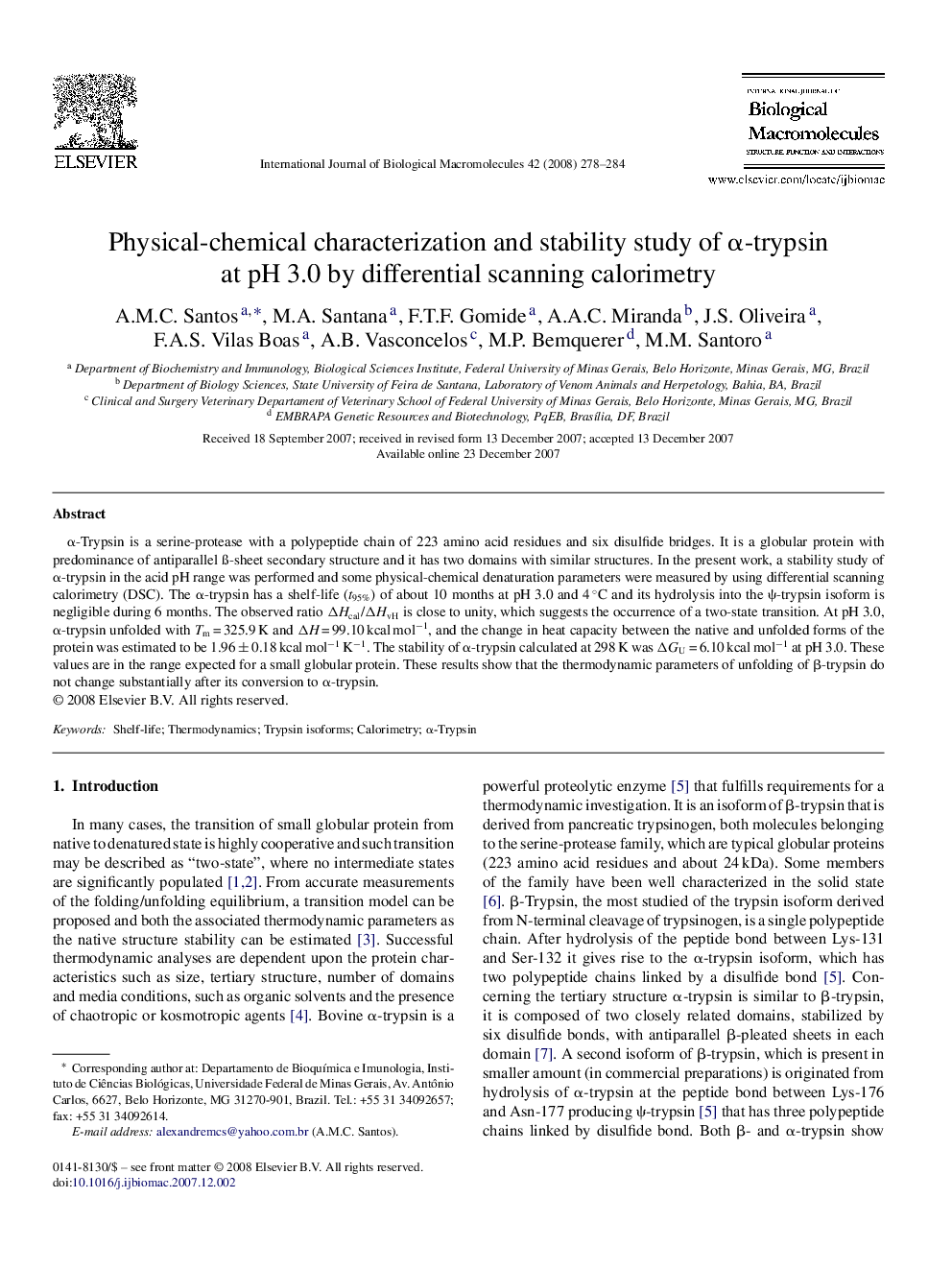 Physical-chemical characterization and stability study of α-trypsin at pH 3.0 by differential scanning calorimetry