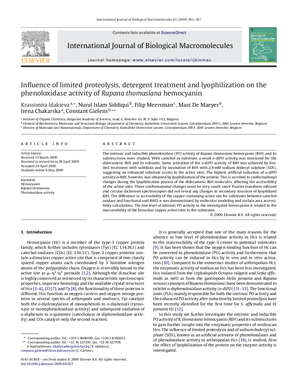 Influence of limited proteolysis, detergent treatment and lyophilization on the phenoloxidase activity of Rapana thomasiana hemocyanin