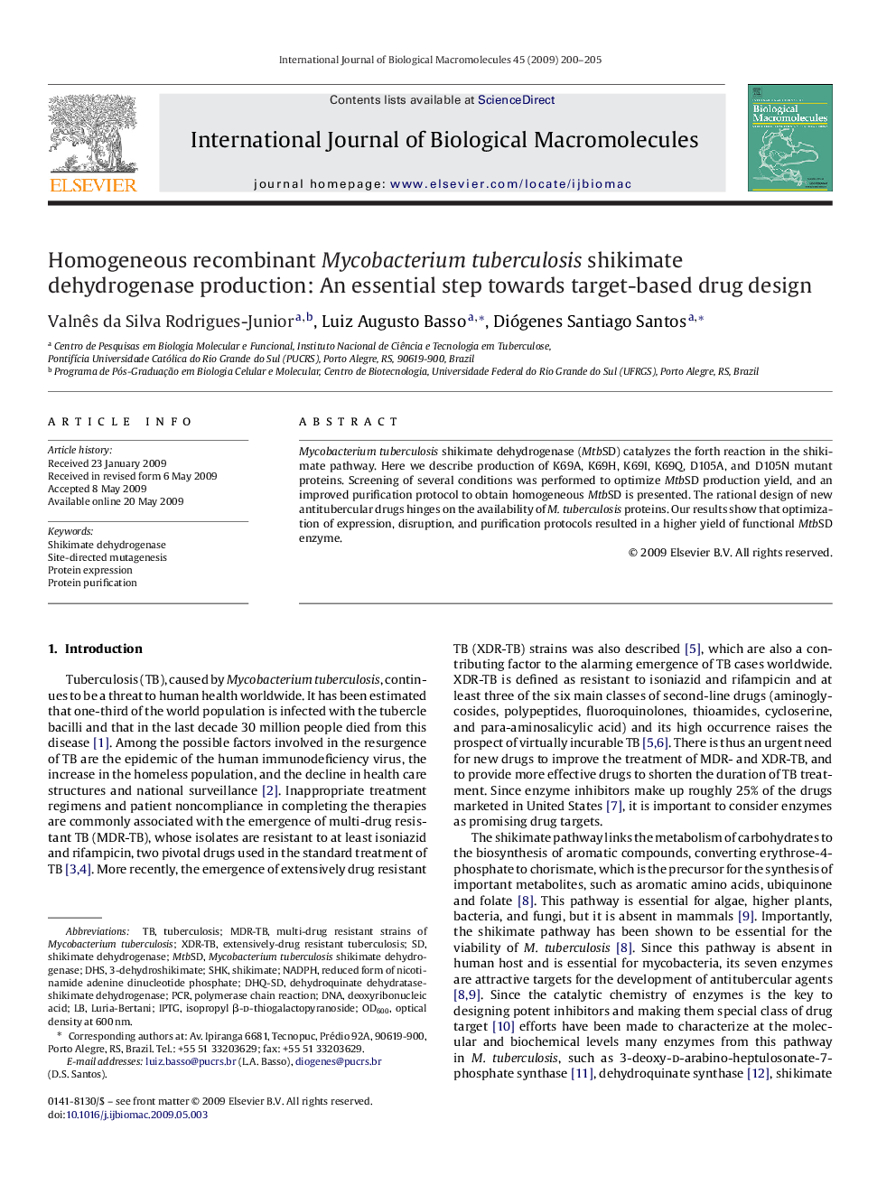 Homogeneous recombinant Mycobacterium tuberculosis shikimate dehydrogenase production: An essential step towards target-based drug design