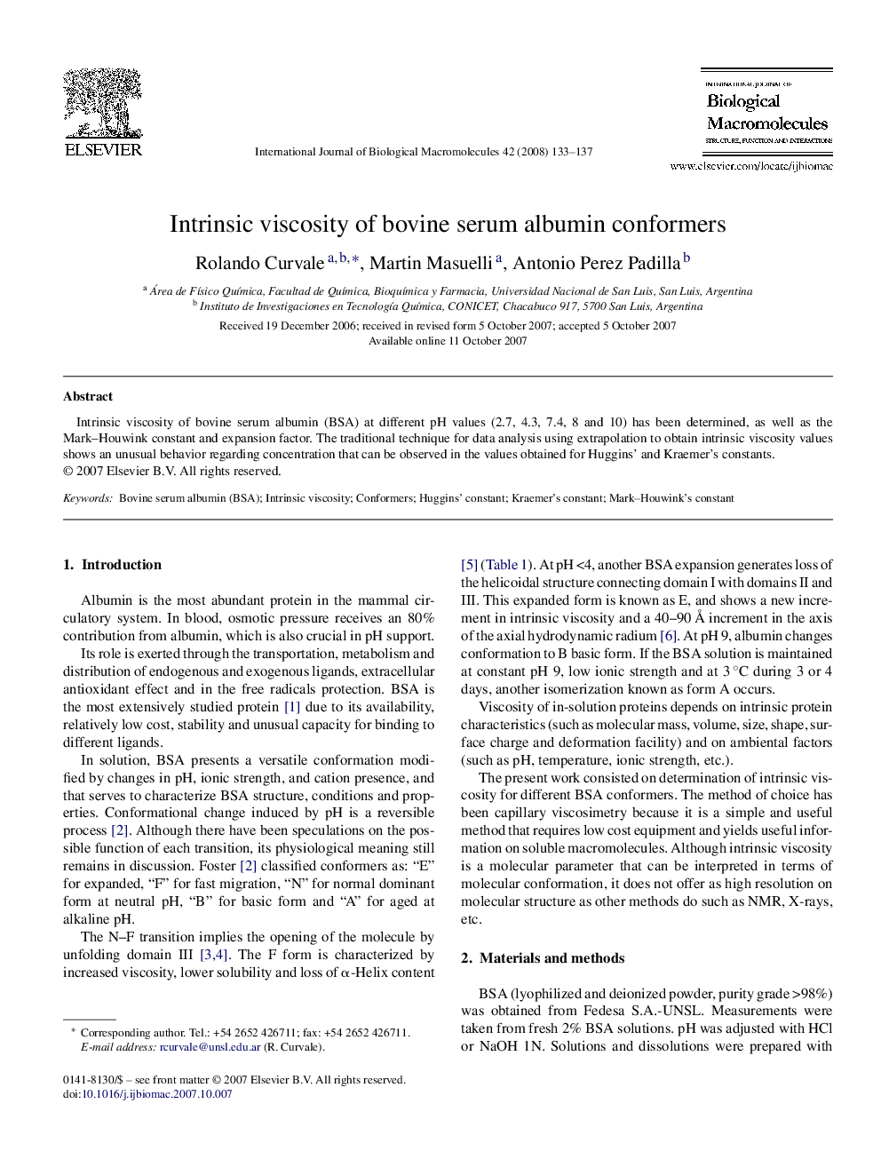 عکس صفحه اول مقاله: Intrinsic viscosity of bovine serum albumin conformers Intrinsic viscosity of bovine serum albumin conformers