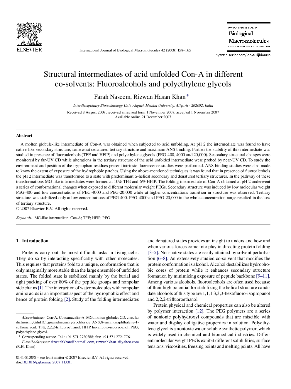 Structural intermediates of acid unfolded Con-A in different co-solvents: Fluoroalcohols and polyethylene glycols