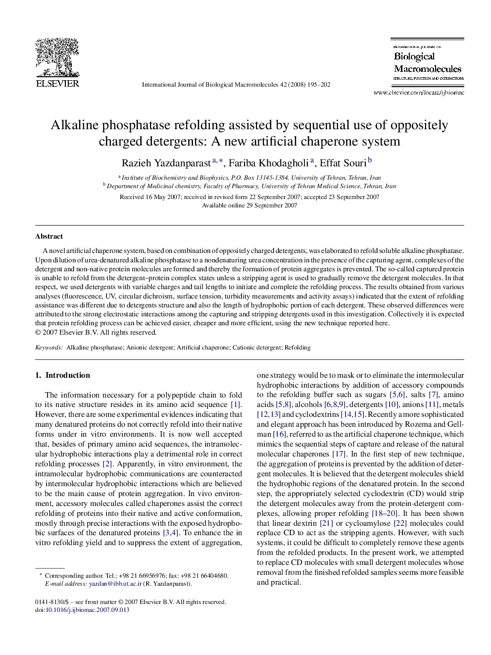 Alkaline phosphatase refolding assisted by sequential use of oppositely charged detergents: A new artificial chaperone system