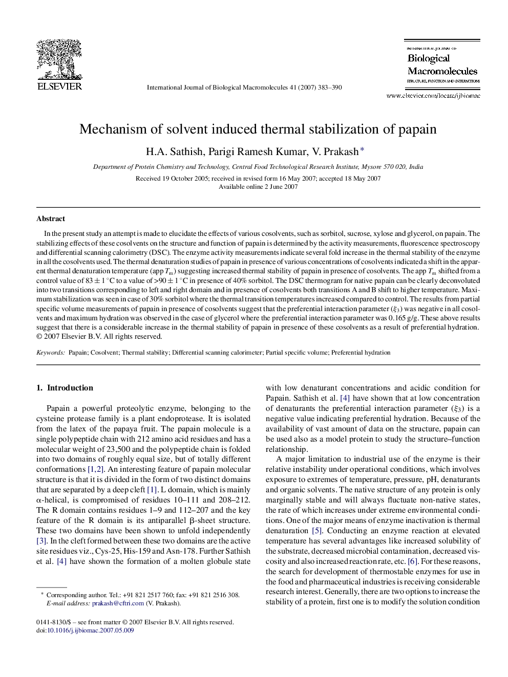 Mechanism of solvent induced thermal stabilization of papain