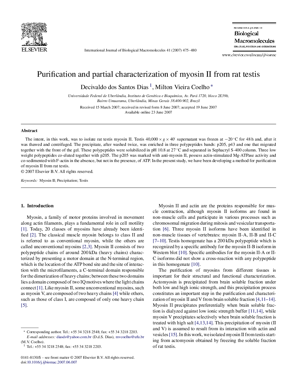 Purification and partial characterization of myosin II from rat testis