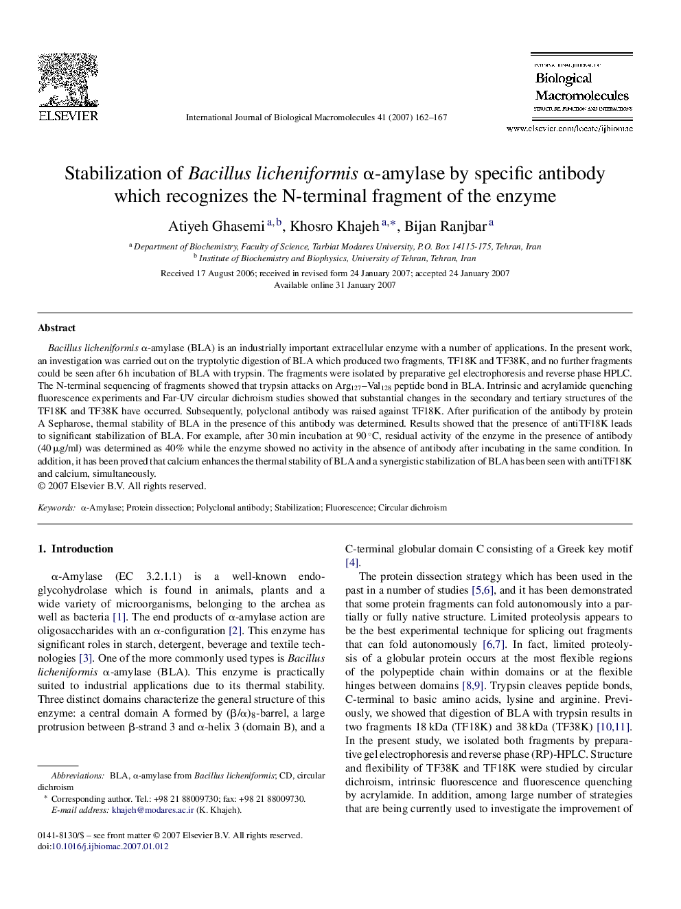 عکس صفحه اول مقاله: Stabilization of Bacillus licheniformis α-amylase by specific antibody which recognizes the N-terminal fragment of the enzyme Stabilization of Bacillus licheniformis α-amylase by specific antibody which recognizes the N-terminal fragment of the enzyme