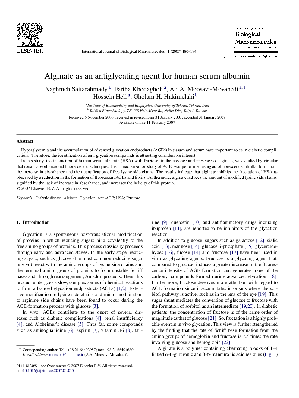 Alginate as an antiglycating agent for human serum albumin