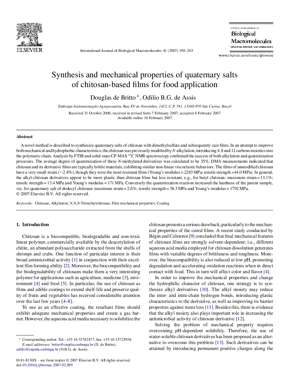 Synthesis and mechanical properties of quaternary salts of chitosan-based films for food application