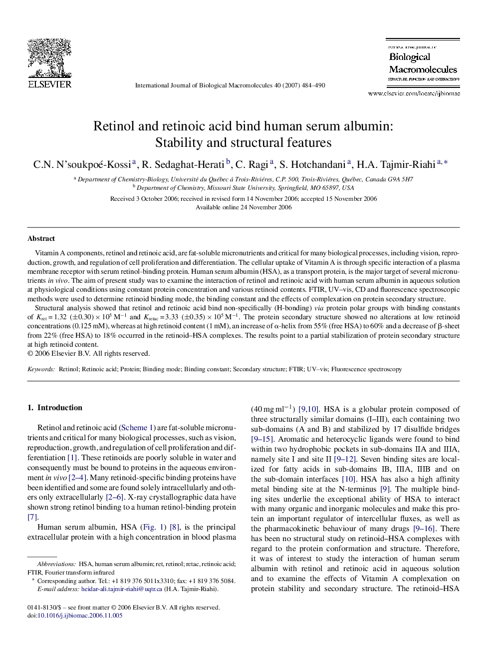 عکس صفحه اول مقاله: Retinol and retinoic acid bind human serum albumin: Stability and structural features Retinol and retinoic acid bind human serum albumin: Stability and structural features
