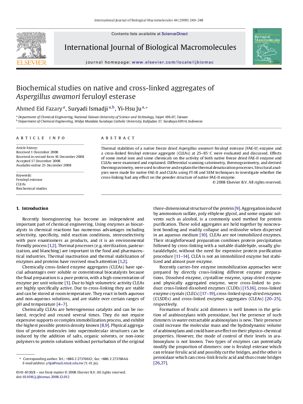 Biochemical studies on native and cross-linked aggregates of Aspergillus awamori feruloyl esterase