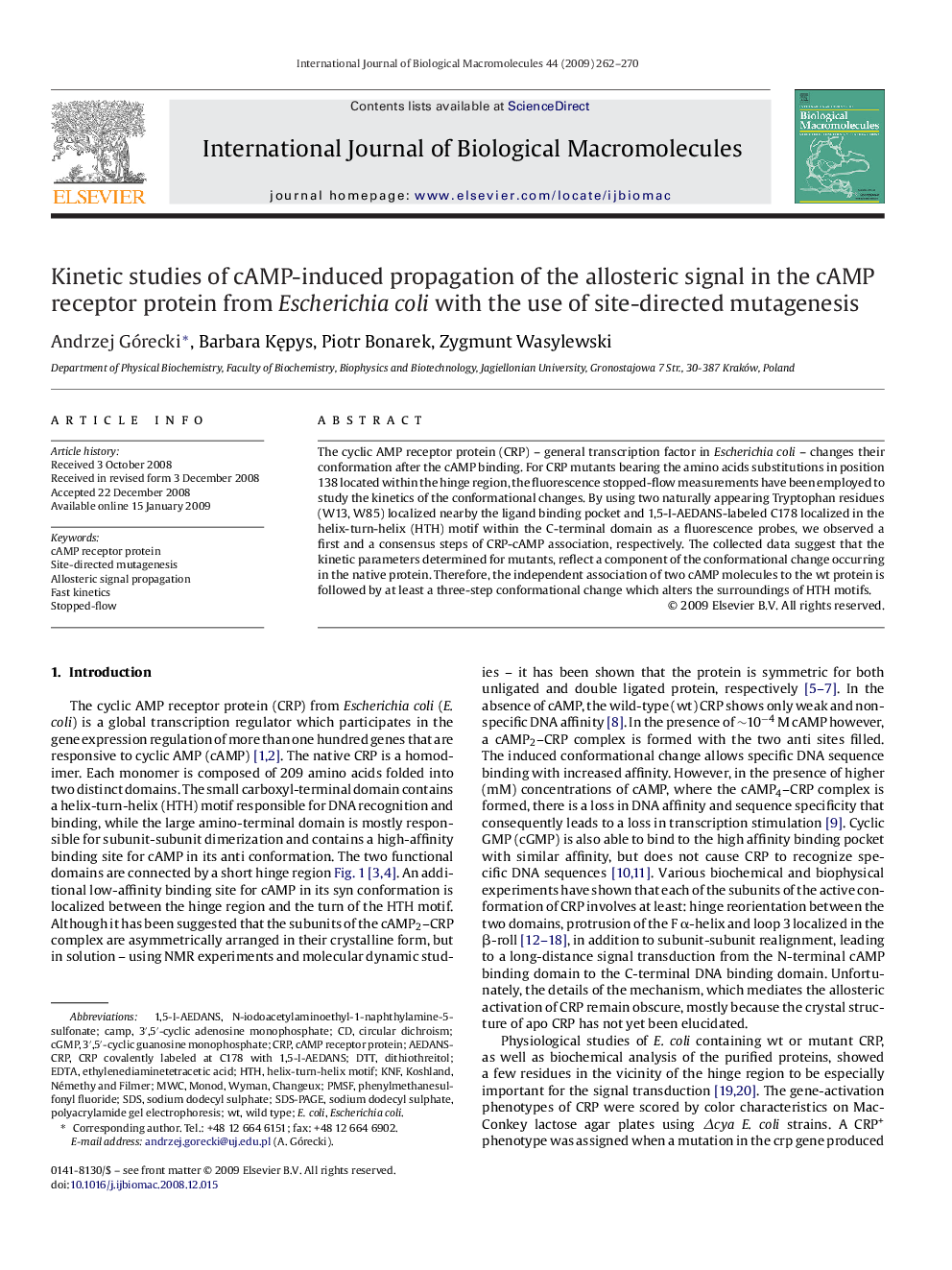 Kinetic studies of cAMP-induced propagation of the allosteric signal in the cAMP receptor protein from Escherichia coli with the use of site-directed mutagenesis