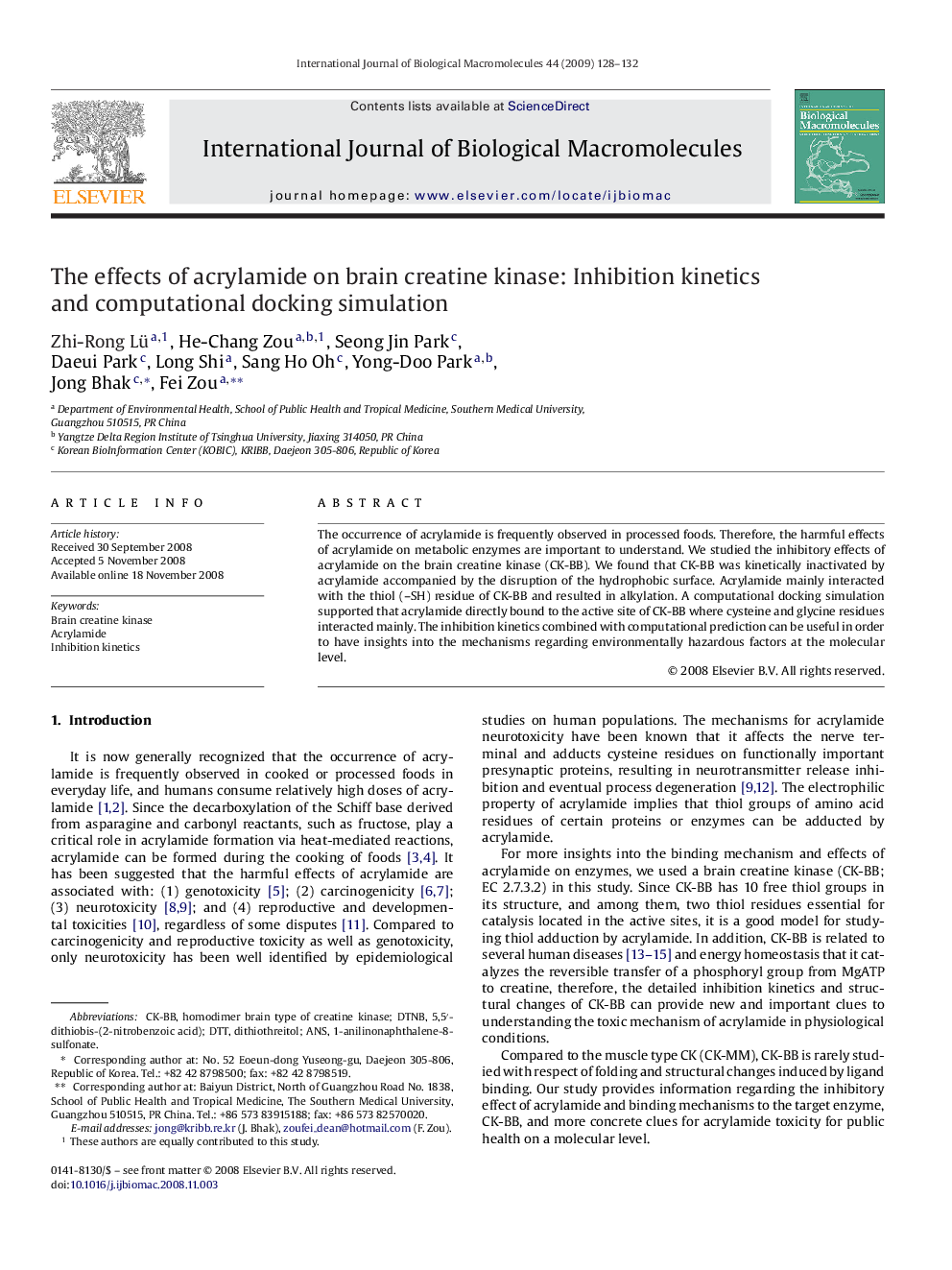 The effects of acrylamide on brain creatine kinase: Inhibition kinetics and computational docking simulation