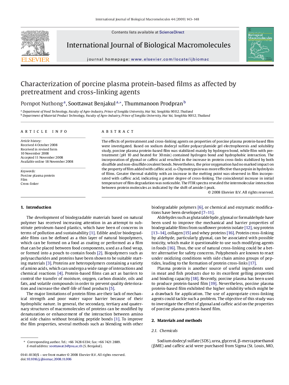 Characterization of porcine plasma protein-based films as affected by pretreatment and cross-linking agents