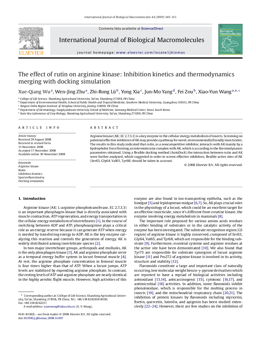 The effect of rutin on arginine kinase: Inhibition kinetics and thermodynamics merging with docking simulation