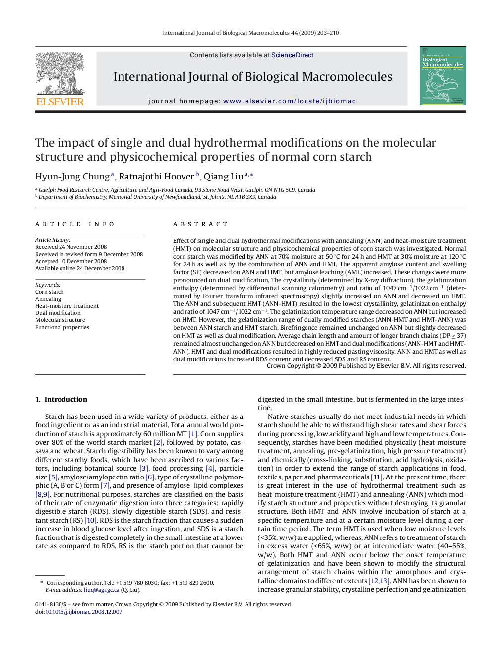 The impact of single and dual hydrothermal modifications on the molecular structure and physicochemical properties of normal corn starch