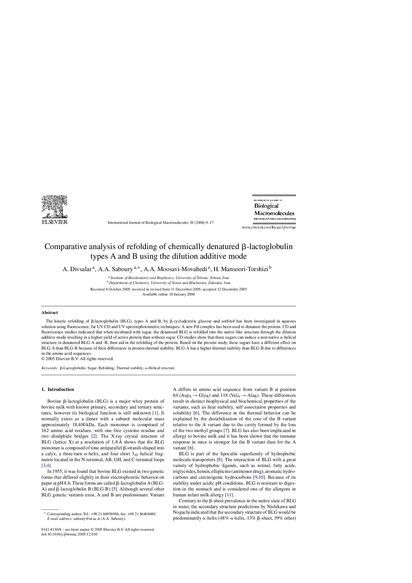 Comparative analysis of refolding of chemically denatured β-lactoglobulin types A and B using the dilution additive mode