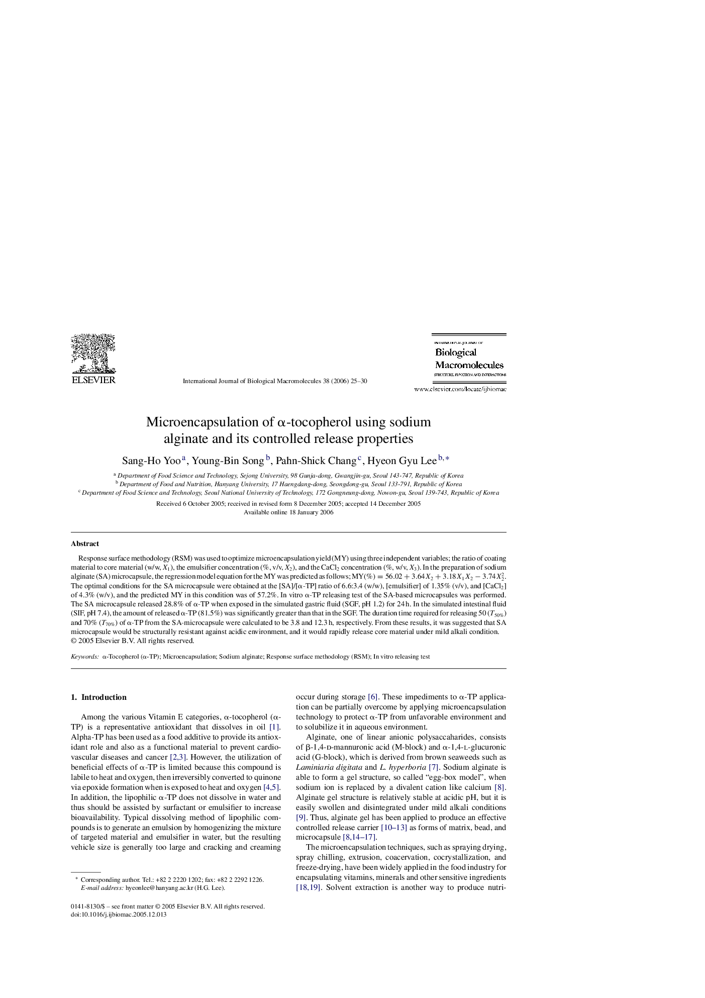 Microencapsulation of α-tocopherol using sodium alginate and its controlled release properties