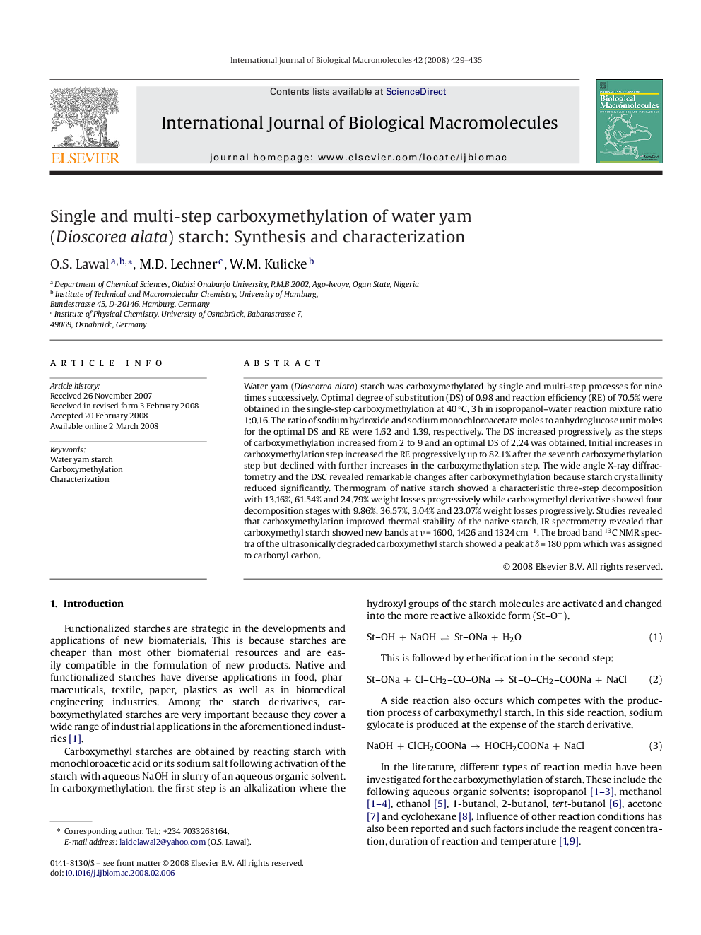 Single and multi-step carboxymethylation of water yam (Dioscorea alata) starch: Synthesis and characterization