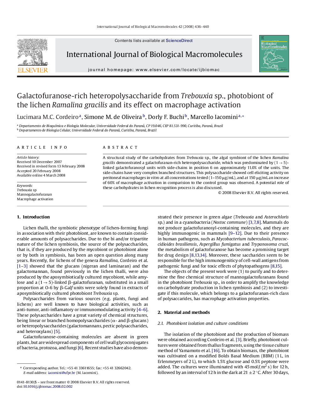 Galactofuranose-rich heteropolysaccharide from Trebouxia sp., photobiont of the lichen Ramalina gracilis and its effect on macrophage activation