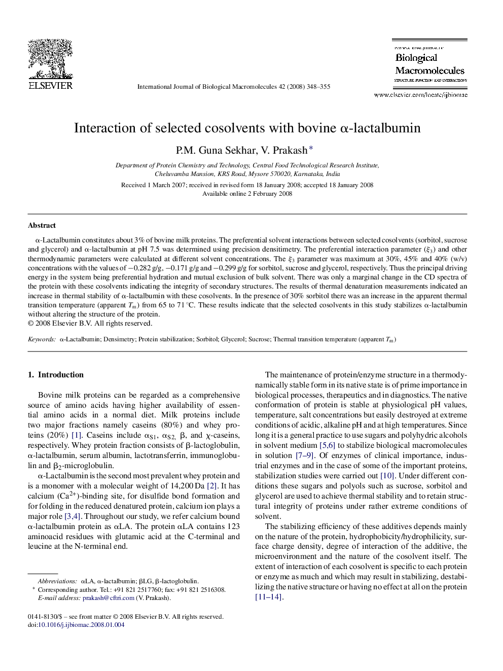 Interaction of selected cosolvents with bovine α-lactalbumin