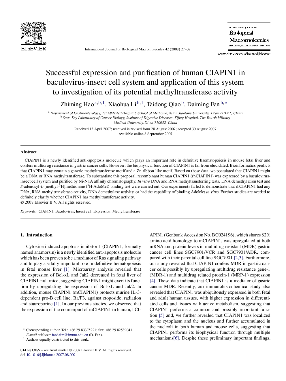 Successful expression and purification of human CIAPIN1 in baculovirus-insect cell system and application of this system to investigation of its potential methyltransferase activity